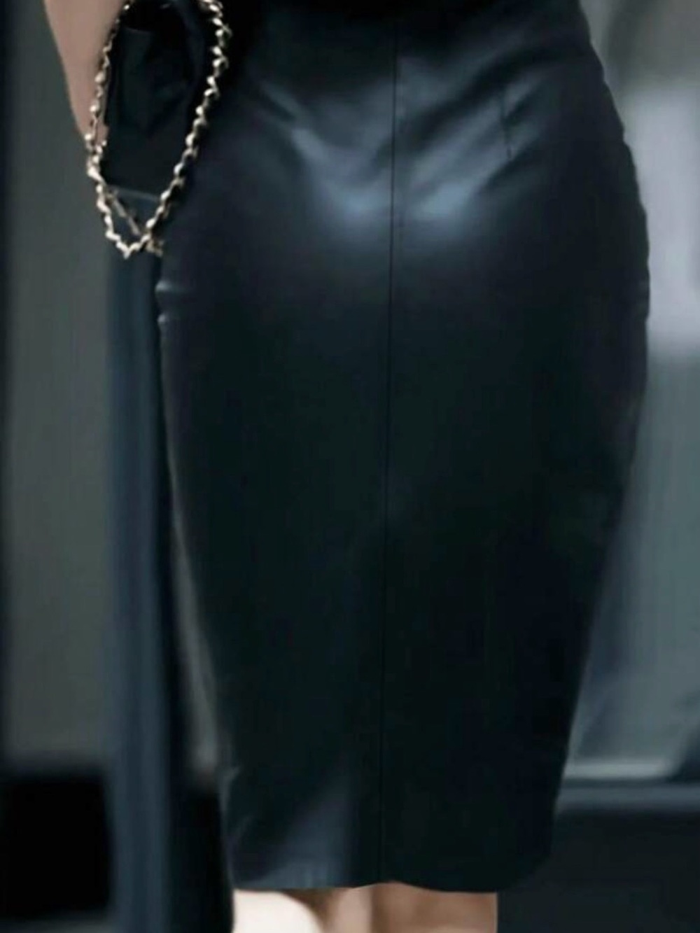 Black Faux Leather Pencil Skirt with Front Slit - Picture 3 of 3